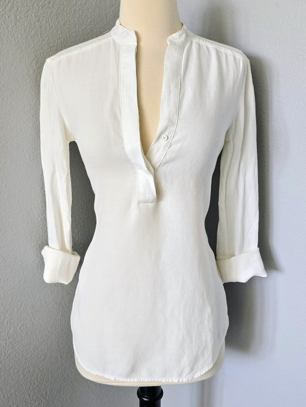 New W/ Tag $225 James Perse Split Neck Henley Blouse Tunic White Quiet Luxury 0